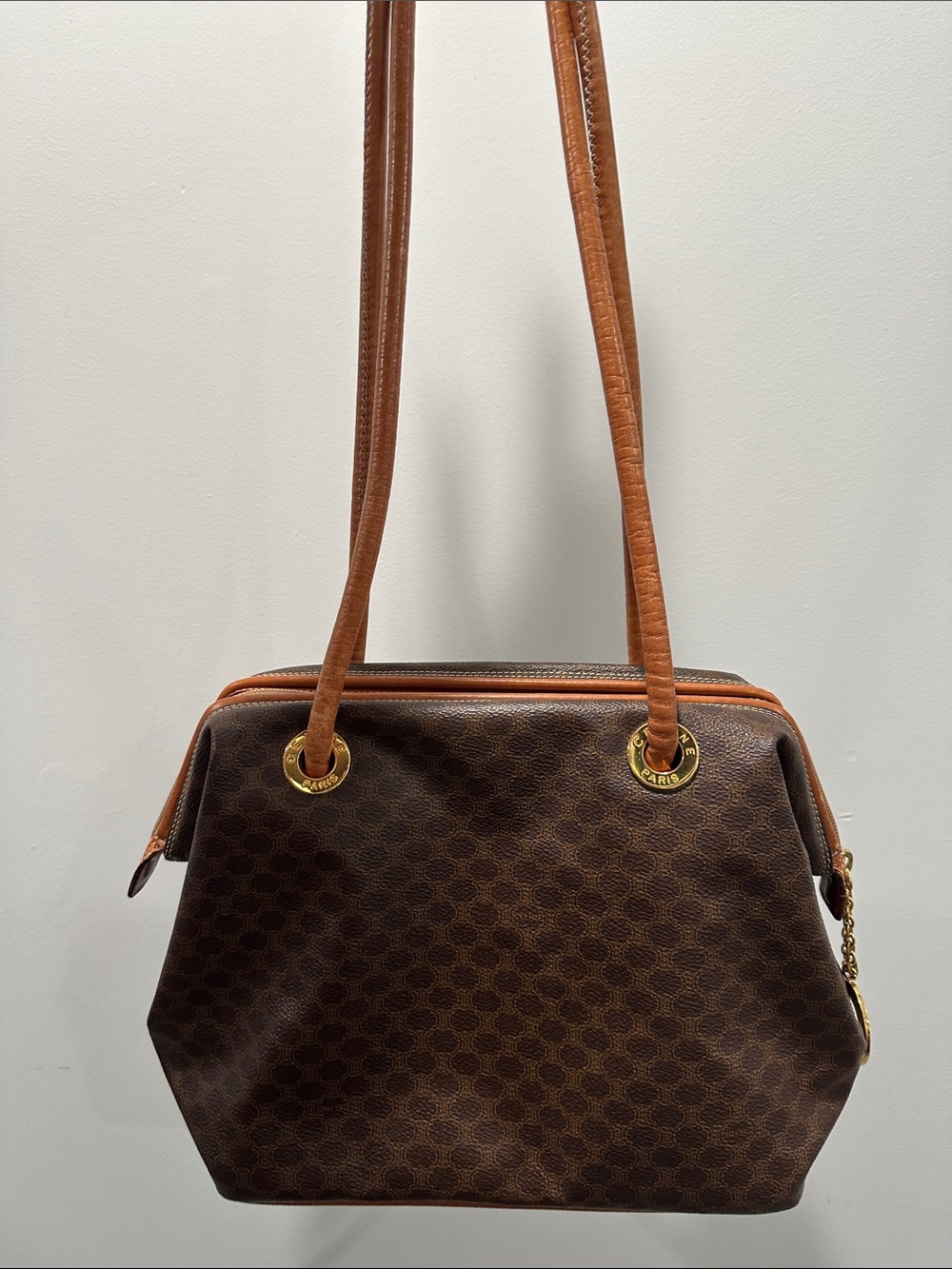 Celine Vintage Brown Macadam long strap shoulder bag with GHW chain pull